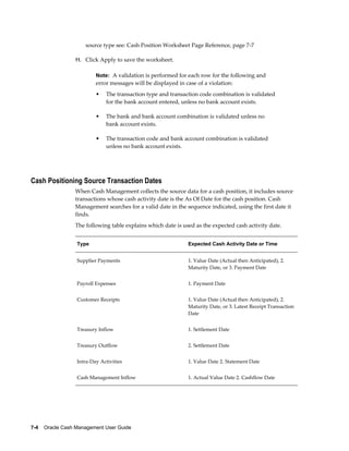 source type see: Cash Position Worksheet Page Reference, page 7-7

                 11. Click Apply to save the worksheet.


                          Note: A validation is performed for each row for the following and
                          error messages will be displayed in case of a violation:
                          •   The transaction type and transaction code combination is validated
                              for the bank account entered, unless no bank account exists.

                          •   The bank and bank account combination is validated unless no
                              bank account exists.

                          •   The transaction code and bank account combination is validated
                              unless no bank account exists.




Cash Positioning Source Transaction Dates
                 When Cash Management collects the source data for a cash position, it includes source
                 transactions whose cash activity date is the As Of Date for the cash position. Cash
                 Management searches for a valid date in the sequence indicated, using the first date it
                 finds.
                 The following table explains which date is used as the expected cash activity date.


                  Type                                         Expected Cash Activity Date or Time


                  Supplier Payments                            1. Value Date (Actual then Anticipated), 2.
                                                               Maturity Date, or 3. Payment Date


                  Payroll Expenses                             1. Payment Date


                  Customer Receipts                            1. Value Date (Actual then Anticipated), 2.
                                                               Maturity Date, or 3. Latest Receipt Transaction
                                                               Date


                  Treasury Inflow                              1. Settlement Date


                  Treasury Outflow                             2. Settlement Date


                  Intra-Day Activities                         1. Value Date 2. Statement Date


                  Cash Management Inflow                       1. Actual Value Date 2. Cashflow Date




7-4    Oracle Cash Management User Guide
 