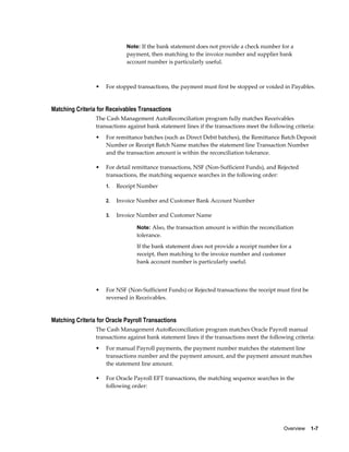 Note: If the bank statement does not provide a check number for a
                             payment, then matching to the invoice number and supplier bank
                             account number is particularly useful.



                 •   For stopped transactions, the payment must first be stopped or voided in Payables.


Matching Criteria for Receivables Transactions
                 The Cash Management AutoReconciliation program fully matches Receivables
                 transactions against bank statement lines if the transactions meet the following criteria:
                 •   For remittance batches (such as Direct Debit batches), the Remittance Batch Deposit
                     Number or Receipt Batch Name matches the statement line Transaction Number
                     and the transaction amount is within the reconciliation tolerance.

                 •   For detail remittance transactions, NSF (Non-Sufficient Funds), and Rejected
                     transactions, the matching sequence searches in the following order:
                     1.   Receipt Number

                     2.   Invoice Number and Customer Bank Account Number

                     3.   Invoice Number and Customer Name

                                 Note: Also, the transaction amount is within the reconciliation
                                 tolerance.
                                 If the bank statement does not provide a receipt number for a
                                 receipt, then matching to the invoice number and customer
                                 bank account number is particularly useful.



                 •   For NSF (Non-Sufficient Funds) or Rejected transactions the receipt must first be
                     reversed in Receivables.


Matching Criteria for Oracle Payroll Transactions
                 The Cash Management AutoReconciliation program matches Oracle Payroll manual
                 transactions against bank statement lines if the transactions meet the following criteria:
                 •   For manual Payroll payments, the payment number matches the statement line
                     transactions number and the payment amount, and the payment amount matches
                     the statement line amount.

                 •   For Oracle Payroll EFT transactions, the matching sequence searches in the
                     following order:




                                                                                              Overview    1-7
 