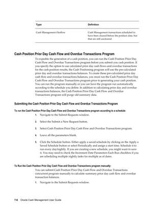 Type                                            Definition


                   Cash Management Outflow                         Cash Management transactions scheduled to
                                                                   have been cleared before the position date, but
                                                                   that are still uncleared.




Cash Position Prior Day Cash Flow and Overdue Transactions Program
                  To expedite the generation of a cash position, you can run the Cash Position Prior Day
                  Cash Flow and Overdue Transactions program before you submit you cash position. If
                  you specify the option to use calculated prior day cash flows and overdue transactions
                  for the cash position results, the Cash Positioning program will use the pre-calculated
                  prior day and overdue transactions balances. To create these pre-calculated prior day
                  cash flow and overdue transactions balances, you must run the Cash Position Prior Day
                  Cash Flow and Overdue Transactions program prior to generating your cash position.
                  You can run the program manually or you can have the program run automatically
                  according to the schedule you define. In addition to calculating prior day and overdue
                  transactions balances, the Cash Position Prior Day Cash Flow and Overdue
                  Transactions program will purge old summary data.


Submitting the Cash Position Prior Day Cash Flow and Overdue Transactions Program

To run the Cash Position Prior Day Cash Flow and Overdue Transactions program according to a schedule:
                  1.   Navigate to the Submit Requests window.

                  2.   Select the Submit a New Request button.

                  3.   Select Cash Position Prior Day Cash Flow and Overdue Transactions program.

                  4.   Leave all the parameters blank.

                  5.   Click the Schedule button. Either apply a saved schedule by clicking on the Apply a
                       Saved Schedule button or select Periodically and assign a start time. Schedule it to
                       run every day/nightly. If you are creating a new schedule, you might want to save
                       it. You may need to check the Increment Date Parameters Each Run checkbox if you
                       are scheduling multiple nightly tasks for multiple as of dates.


To Run the Cash Position Prior Day Cash Flow and Overdue Transactions program manually:
                  You can submit Cash Position Prior Day Cash Flow and Overdue Transactions
                  concurrent program manually to calculate summary prior day cash flow and overdue
                  transaction balances.
                  1.   Navigate to the Submit Requests window.




7-6    Oracle Cash Management User Guide
 