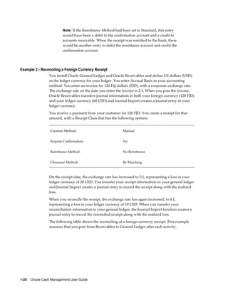 Note: If the Remittance Method had been set to Standard, this entry
                         would have been a debit to the confirmation account and a credit to
                         accounts receivable. When the receipt was remitted to the bank, there
                         would be another entry to debit the remittance account and credit the
                         confirmation account.




Example 2 - Reconciling a Foreign Currency Receipt
                 You install Oracle General Ledger and Oracle Receivables and define US dollars (USD)
                 as the ledger currency for your ledger. You enter Accrual Basis as your accounting
                 method. You enter an invoice for 120 Fiji dollars (FJD), with a corporate exchange rate.
                 The exchange rate on the date you enter the invoice is 2:1. When you post the invoice,
                 Oracle Receivables transfers journal information in both your foreign currency (120 FJD)
                 and your ledger currency (60 USD) and Journal Import creates a journal entry in your
                 ledger currency.
                 You receive a payment from your customer for 120 FJD. You create a receipt for that
                 amount, with a Receipt Class that has the following options:


                  Creation Method:                            Manual


                  Require Confirmation:                       No


                  Remittance Method:                          No Remittance


                  Clearance Method:                           By Matching



                 On the receipt date, the exchange rate has increased to 3:1, representing a loss in your
                 ledger currency of 20 USD. You transfer your receipt information to your general ledger
                 and Journal Import creates a journal entry to record the receipt along with the realized
                 loss.
                 When you reconcile the receipt, the exchange rate has again increased, to 4:1,
                 representing a loss in your ledger currency of 10 USD. When you transfer your
                 reconciliation information to your general ledger, the Journal Import function creates a
                 journal entry to record the reconciled receipt along with the realized loss.
                 The following table shows the reconciling of a foreign currency receipt: This example
                 assumes that you post from Receivables to General Ledger after each activity.




1-20    Oracle Cash Management User Guide
 