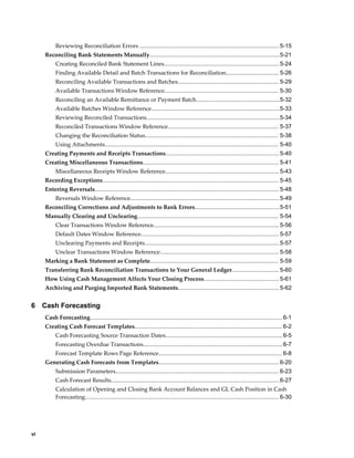 Reviewing Reconciliation Errors ....................................................................................... 5-15
     Reconciling Bank Statements Manually.................................................................................5-21
          Creating Reconciled Bank Statement Lines........................................................................ 5-24
          Finding Available Detail and Batch Transactions for Reconciliation................................. 5-26
          Reconciling Available Transactions and Batches............................................................... 5-29
          Available Transactions Window Reference....................................................................... 5-30
          Reconciling an Available Remittance or Payment Batch....................................................5-32
          Available Batches Window Reference................................................................................5-33
          Reviewing Reconciled Transactions................................................................................... 5-34
          Reconciled Transactions Window Reference..................................................................... 5-37
          Changing the Reconciliation Status................................................................................... 5-38
          Using Attachments............................................................................................................ 5-40
     Creating Payments and Receipts Transactions....................................................................... 5-40
     Creating Miscellaneous Transactions..................................................................................... 5-41
          Miscellaneous Receipts Window Reference....................................................................... 5-43
     Recording Exceptions.............................................................................................................. 5-45
     Entering Reversals................................................................................................................... 5-48
          Reversals Window Reference............................................................................................. 5-49
     Reconciling Corrections and Adjustments to Bank Errors.....................................................5-51
     Manually Clearing and Unclearing........................................................................................ 5-54
          Clear Transactions Window Reference.............................................................................. 5-56
          Default Dates Window Reference...................................................................................... 5-57
          Unclearing Payments and Receipts.................................................................................... 5-57
          Unclear Transactions Window Reference.......................................................................... 5-58
     Marking a Bank Statement as Complete................................................................................ 5-59
     Transferring Bank Reconciliation Transactions to Your General Ledger............................. 5-60
     How Using Cash Management Affects Your Closing Process............................................... 5-61
     Archiving and Purging Imported Bank Statements............................................................... 5-62


6    Cash Forecasting
     Cash Forecasting........................................................................................................................ 6-1
     Creating Cash Forecast Templates............................................................................................ 6-2
          Cash Forecasting Source Transaction Dates......................................................................... 6-5
          Forecasting Overdue Transactions....................................................................................... 6-7
          Forecast Template Rows Page Reference............................................................................. 6-8
     Generating Cash Forecasts from Templates........................................................................... 6-20
          Submission Parameters...................................................................................................... 6-23
          Cash Forecast Results......................................................................................................... 6-27
          Calculation of Opening and Closing Bank Account Balances and GL Cash Position in Cash
          Forecasting......................................................................................................................... 6-30




vi
 
