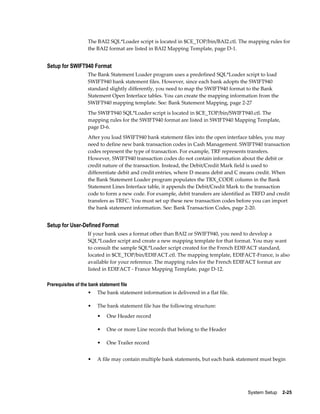 The BAI2 SQL*Loader script is located in $CE_TOP/bin/BAI2.ctl. The mapping rules for
                    the BAI2 format are listed in BAI2 Mapping Template, page D-1.


Setup for SWIFT940 Format
                    The Bank Statement Loader program uses a predefined SQL*Loader script to load
                    SWIFT940 bank statement files. However, since each bank adopts the SWIFT940
                    standard slightly differently, you need to map the SWIFT940 format to the Bank
                    Statement Open Interface tables. You can create the mapping information from the
                    SWIFT940 mapping template. See: Bank Statement Mapping, page 2-27
                    The SWIFT940 SQL*Loader script is located in $CE_TOP/bin/SWIFT940.ctl. The
                    mapping rules for the SWIFT940 format are listed in SWIFT940 Mapping Template,
                    page D-6.
                    After you load SWIFT940 bank statement files into the open interface tables, you may
                    need to define new bank transaction codes in Cash Management. SWIFT940 transaction
                    codes represent the type of transaction. For example, TRF represents transfers.
                    However, SWIFT940 transaction codes do not contain information about the debit or
                    credit nature of the transaction. Instead, the Debit/Credit Mark field is used to
                    differentiate debit and credit entries, where D means debit and C means credit. When
                    the Bank Statement Loader program populates the TRX_CODE column in the Bank
                    Statement Lines Interface table, it appends the Debit/Credit Mark to the transaction
                    code to form a new code. For example, debit transfers are identified as TRFD and credit
                    transfers as TRFC. You must set up these new transaction codes before you can import
                    the bank statement information. See: Bank Transaction Codes, page 2-20.


Setup for User-Defined Format
                    If your bank uses a format other than BAI2 or SWIFT940, you need to develop a
                    SQL*Loader script and create a new mapping template for that format. You may want
                    to consult the sample SQL*Loader script created for the French EDIFACT standard,
                    located in $CE_TOP/bin/EDIFACT.ctl. The mapping template, EDIFACT-France, is also
                    available for your reference. The mapping rules for the French EDIFACT format are
                    listed in EDIFACT - France Mapping Template, page D-12.

Prerequisites of the bank statement file
                    •    The bank statement information is delivered in a flat file.

                    •    The bank statement file has the following structure:
                         •   One Header record

                         •   One or more Line records that belong to the Header

                         •   One Trailer record


                    •    A file may contain multiple bank statements, but each bank statement must begin




                                                                                        System Setup    2-25
 