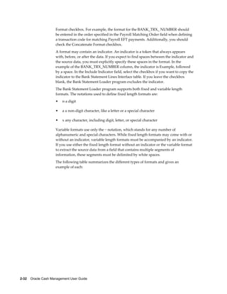 Format checkbox. For example, the format for the BANK_TRX_ NUMBER should
                     be entered in the order specified in the Payroll Matching Order field when defining
                     a transaction code for matching Payroll EFT payments. Additionally, you should
                     check the Concatenate Format checkbox.
                     A format may contain an indicator. An indicator is a token that always appears
                     with, before, or after the data. If you expect to find spaces between the indicator and
                     the source data, you must explicitly specify these spaces in the format. In the
                     example of the BANK_TRX_NUMBER column, the indicator is Example, followed
                     by a space. In the Include Indicator field, select the checkbox if you want to copy the
                     indicator to the Bank Statement Lines Interface table. If you leave the checkbox
                     blank, the Bank Statement Loader program excludes the indicator.
                     The Bank Statement Loader program supports both fixed and variable length
                     formats. The notations used to define fixed length formats are:
                     •   n a digit

                     •   a a non-digit character, like a letter or a special character

                     •   x any character, including digit, letter, or special character

                     Variable formats use only the ~ notation, which stands for any number of
                     alphanumeric and special characters. While fixed length formats may come with or
                     without an indicator, variable length formats must be accompanied by an indicator.
                     If you use either the fixed length format without an indicator or the variable format
                     to extract the source data from a field that contains multiple segments of
                     information, these segments must be delimited by white spaces.
                     The following table summarizes the different types of formats and gives an
                     example of each:




2-32    Oracle Cash Management User Guide
 