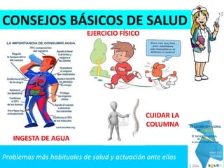 Problemas más habituales de salud y actuación ante ellos
CONSEJOS BÁSICOS DE SALUD
INGESTA DE AGUA
EJERCICIO FÍSICO
CUIDAR LA
COLUMNA
 