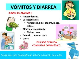 Problemas más habituales de salud y actuación ante ellos
VÓMITOS Y DIARREA
• Antecedentes.
• Características:
• Alimentos, bilis, sangre, moco,
color…
• Clínica acompañante:
• Fiebre, dolor...
• Cuando tratar en casa.
• Dieta.
EN CASO DE DUDA
CONSULTAR CON MÉDICO.
¡ SÍGNO DE ALARMA ¡
 