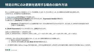 27
特定の列にのみ更新を適用する場合の操作方法
列 c1-c10を持つtable1という名前のソース テーブルを使用しているが、ターゲットの列 c7、c8、c9 の更新のみが必要であると仮定します。
これを行うには、次の操作を行う必要があります。
1. Table Settingsを開き[Filter] タブを選択します。
2.タブの右下にある[Expression Builder] ボタンをクリックします。 Expression Builderが開きます。
3.必要に応じて、[Headers] タブを選択します。
※ [Headers] タブを選択するオプションは省略可能ですが、タブの左側の列をダブルクリックするだけで、式に$AR_H_OPERATIONを追加できます
(手順 4 で必要な場合)。
4. [Build Expression]ペインに次の式を入力し、[OK]をクリックします。
($AR_H_OPERATION != 'UPDATE') OR
(($AR_H_OPERATION = 'UPDATE') AND (( $BI__c7 != $c7) OR ( $BI__c8 != $c8) OR ( $BI__c9 != $c9)))
上記の式は、次のいずれかに該当する場合にのみ、c7、c8、c9 に変更が適用されることを意味します。
1. 操作は UPDATE ではありません。
2. UPDATE 命令の結果、c7、c8、または c9の値が変更されました。
※ 式で使用する場合、Before-Image 列の先頭に$BI__を付ける必要があります。UPDATE 以外の操作の場合、指定された列の値は NULL になります。
 