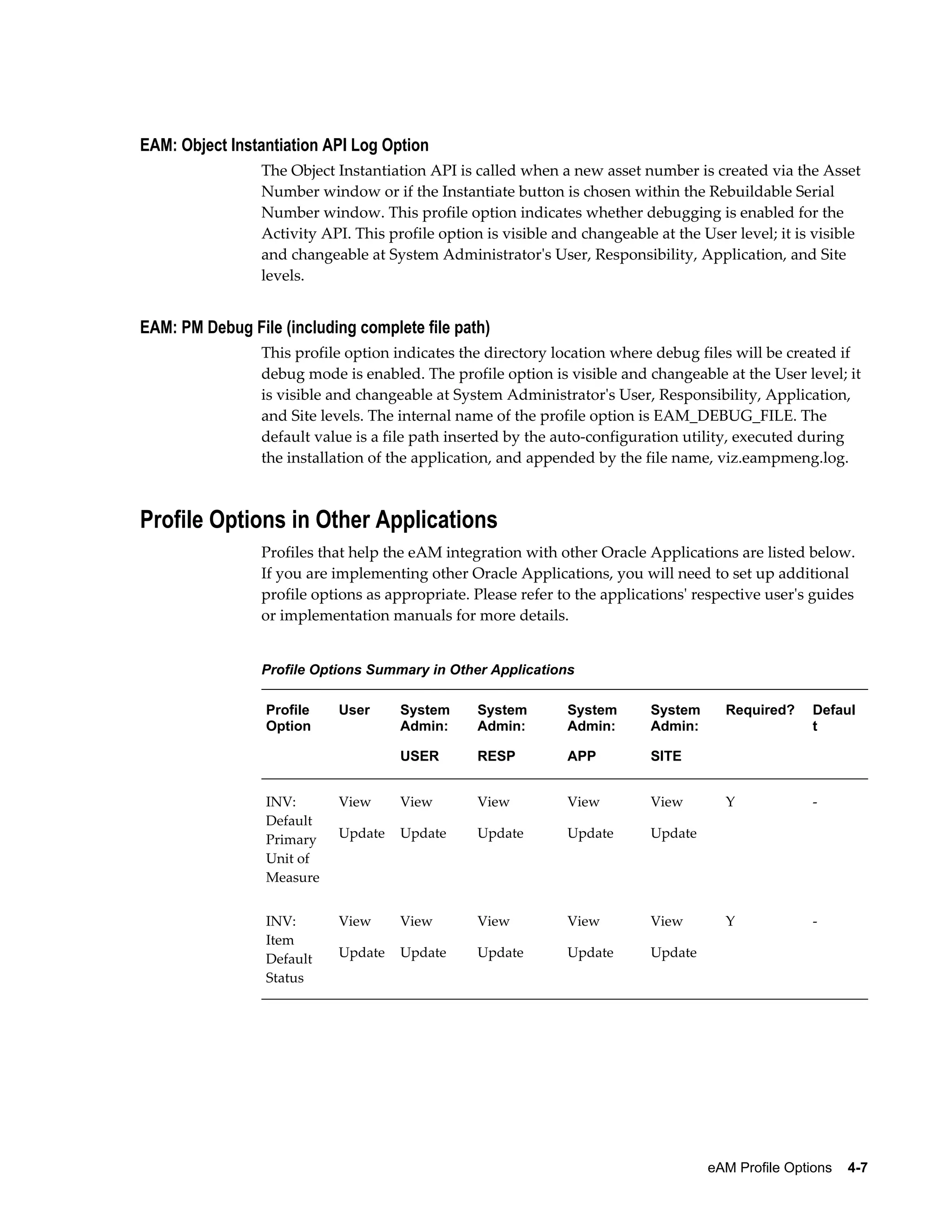 EAM: Object Instantiation API Log Option
The Object Instantiation API is called when a new asset number is created via the Asset
Number window or if the Instantiate button is chosen within the Rebuildable Serial
Number window. This profile option indicates whether debugging is enabled for the
Activity API. This profile option is visible and changeable at the User level; it is visible
and changeable at System Administrator's User, Responsibility, Application, and Site
levels.

EAM: PM Debug File (including complete file path)
This profile option indicates the directory location where debug files will be created if
debug mode is enabled. The profile option is visible and changeable at the User level; it
is visible and changeable at System Administrator's User, Responsibility, Application,
and Site levels. The internal name of the profile option is EAM_DEBUG_FILE. The
default value is a file path inserted by the auto-configuration utility, executed during
the installation of the application, and appended by the file name, viz.eampmeng.log.

Profile Options in Other Applications
Profiles that help the eAM integration with other Oracle Applications are listed below.
If you are implementing other Oracle Applications, you will need to set up additional
profile options as appropriate. Please refer to the applications' respective user's guides
or implementation manuals for more details.
Profile Options Summary in Other Applications
Profile
Option

User

System
Admin:

System
Admin:

System
Admin:

System
Admin:

USER

RESP

APP

SITE

INV:
Default
Primary
Unit of
Measure

View

View

View

View

View

Update

Update

Update

Update

View

View

View

View

View

Update

Update

Update

Update

Defaul
t

Y

-

Y

-

Update

INV:
Item
Default
Status

Required?

Update

eAM Profile Options    4-7

 
