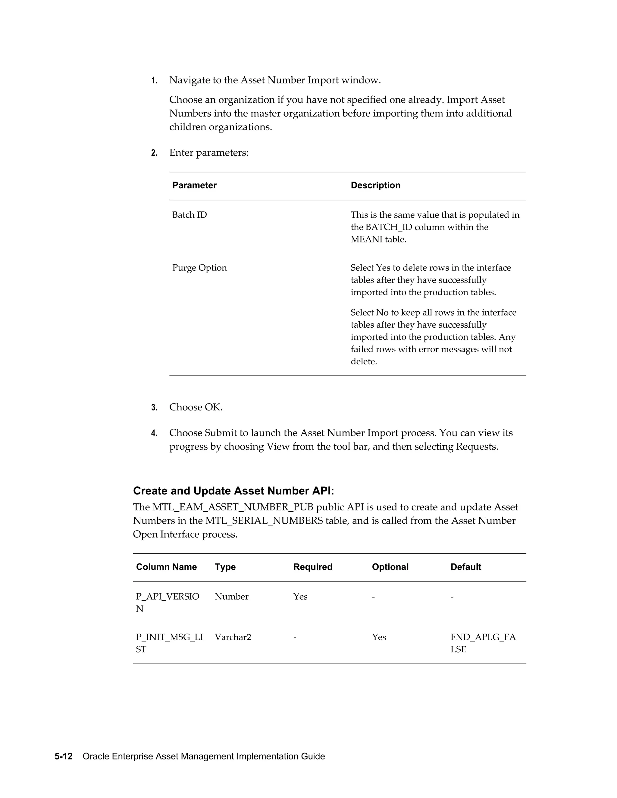 1.

Navigate to the Asset Number Import window.
Choose an organization if you have not specified one already. Import Asset
Numbers into the master organization before importing them into additional
children organizations.

2.

Enter parameters:
Parameter

Description

Batch ID

This is the same value that is populated in
the BATCH_ID column within the
MEANI table.

Purge Option

Select Yes to delete rows in the interface
tables after they have successfully
imported into the production tables.
Select No to keep all rows in the interface
tables after they have successfully
imported into the production tables. Any
failed rows with error messages will not
delete.

3.

Choose OK.

4.

Choose Submit to launch the Asset Number Import process. You can view its
progress by choosing View from the tool bar, and then selecting Requests.

Create and Update Asset Number API:
The MTL_EAM_ASSET_NUMBER_PUB public API is used to create and update Asset
Numbers in the MTL_SERIAL_NUMBERS table, and is called from the Asset Number
Open Interface process.
Column Name

Type

Required

Optional

Default

P_API_VERSIO
N

Number

Yes

-

-

P_INIT_MSG_LI
ST

Varchar2

-

Yes

FND_API.G_FA
LSE

5-12    Oracle Enterprise Asset Management Implementation Guide

 