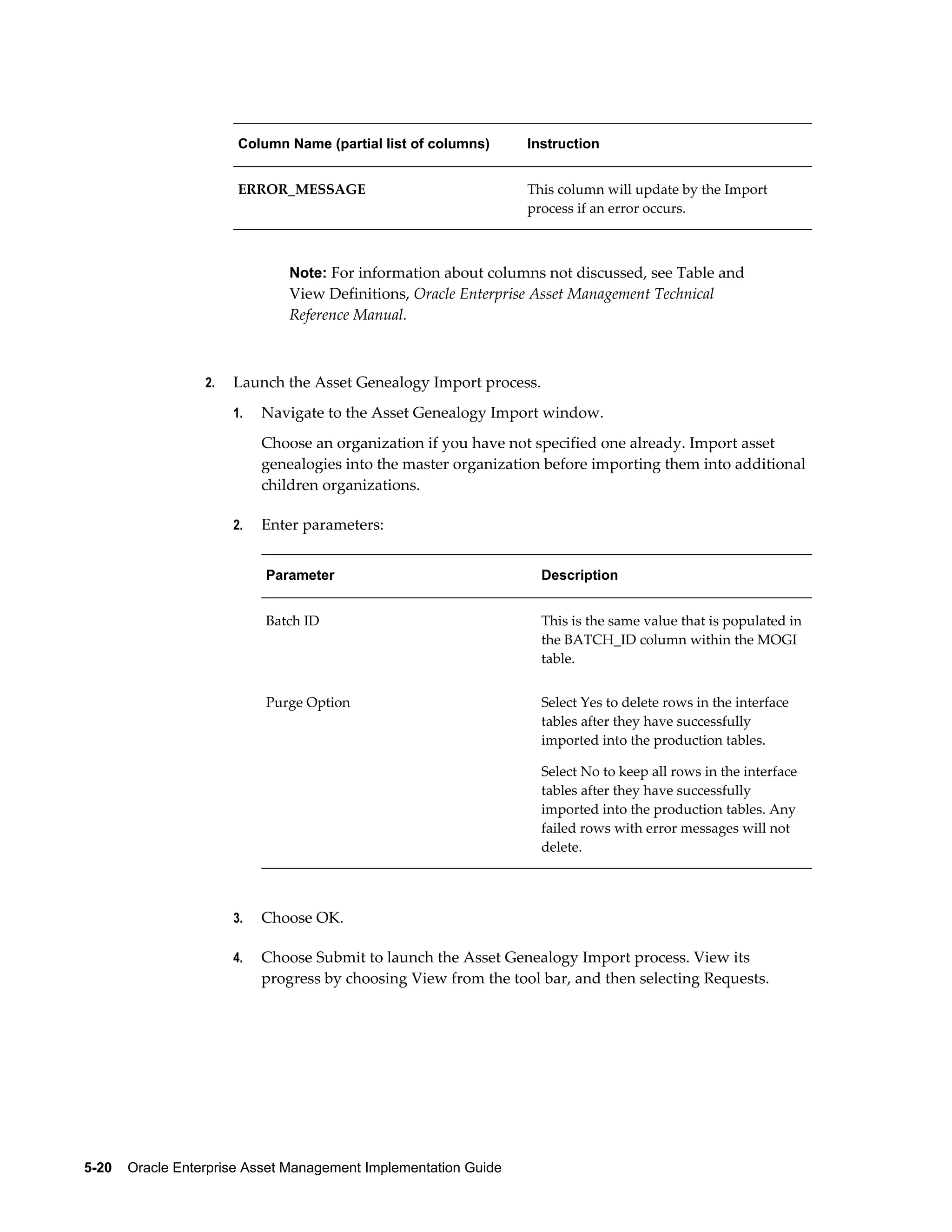 Column Name (partial list of columns)

Instruction

ERROR_MESSAGE

This column will update by the Import
process if an error occurs.

Note: For information about columns not discussed, see Table and

View Definitions, Oracle Enterprise Asset Management Technical
Reference Manual.

2.

Launch the Asset Genealogy Import process.
1.

Navigate to the Asset Genealogy Import window.
Choose an organization if you have not specified one already. Import asset
genealogies into the master organization before importing them into additional
children organizations.

2.

Enter parameters:
Parameter

Description

Batch ID

This is the same value that is populated in
the BATCH_ID column within the MOGI
table.

Purge Option

Select Yes to delete rows in the interface
tables after they have successfully
imported into the production tables.
Select No to keep all rows in the interface
tables after they have successfully
imported into the production tables. Any
failed rows with error messages will not
delete.

3.

Choose OK.

4.

Choose Submit to launch the Asset Genealogy Import process. View its
progress by choosing View from the tool bar, and then selecting Requests.

5-20    Oracle Enterprise Asset Management Implementation Guide

 
