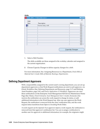 Shifts

1.

Select a Shift Number.
The shifts available are those assigned to the workday calendar and assigned to
the current organization.

2.

Choose Capacity Changes to define capacity changes for a shift.

For more information, See: Assigning Resources to a Department, Oracle Bills of
Material User's Guide (Bills of Material, Routings, Departments).

Defining Department Approvers
With a responsibility assigned to the current asset's owning department, you can set up
department approvers so that Work Request notifications are sent to each approver, via
Oracle Workflow (See: Defining Departments and Resources, page 3-17 and Defining
Asset Numbers, page 3-65, and Oracle Applications 12 Workflow). Approvers can view
these notifications on the Enterprise Asset Management Self Service Maintenance Home
Page (See: Home, Oracle Enterprise Asset Management User's Guide). Everyone who
receives the notification can access the work request to change its status, or add
additional information to the Work Request log. After one user approves the Work
Request, the notification is removed from the users' notification lists, and the work
request status transitions from Open to Awaiting Work Order.
A work request can be rejected. If an approver rejects a work request, the notification is
removed from that approver's notification list. You can re-assign a notification to
another user for approval or additional information; for example, the originator might

3-20    Oracle Enterprise Asset Management Implementation Guide

 