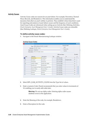 Activity Causes
Activity Cause codes are reasons for an asset failure. For example, Preventive, Normal
Wear, Rework, and Breakdown. This information enables you to understand the
dynamics that affect an asset's ability to perform. They establish critical data that is used
for reporting and analysis of asset failure causes and the frequency of such conditions.
Asset Cause Codes are referenced when setting up an Activity (See: Defining Activities,
Oracle Enterprise Asset Management User's Guide). Activity Cause codes are extensible
(See: Defining Lookups, Oracle Enterprise Asset Management User's Guide).

To define activity cause codes:
1.

Navigate to the Oracle Manufacturing Lookups window.
Activity Cause Codes

2.

Select MTL_EAM_ACTIVITY_CAUSE from the Type list of values.

3.

Enter a numeric Code. Oracle recommends that you enter values in increments of
10, enabling you to easily add codes later.
Warning: Do not use alpha codes. Entering alpha codes causes

database errors in the application.

4.

Enter the Meaning of the code, for example, Breakdown.

5.

Enter a Description for the code.

3-26    Oracle Enterprise Asset Management Implementation Guide

 