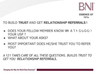 ESSENCE OF
121s
TO BUILD TRUST AND GET RELATIONSHIP REFERRALS !
● DOES YOUR FELLOW MEMBER KNOW W
H
#
A
R
T
E
Y
R
O
E
U
F
D
F
O
A
?
L
S
YOUR USP ?
● WHAT ABOUT YOUR ASKS?
● MOST IMPORTANT DOES HE/SHE TRUST YOU TO REFER
YOU?
A 121 TAKES CARE OF ALL THESE QUESTIONS. BUILDS TRUST TO
GET YOU RELATIONSHIP REFERRALS.
 