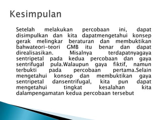 Setelah     melakukan     percobaan    ini,  dapat
disimpulkan dan kita dapatmengetahui konsep
gerak melingkar beraturan dan membuktikan
bahwateori-teori GMB itu benar dan dapat
direalisasikan.      Misalnya      terdapatnyagaya
sentripetal pada kedua percobaan dan gaya
sentrifugal pula.Walaupun gaya fiktif, namun
terbukti     pada     percobaan      pertama.Selain
mengetahui konsep dan membuktikan gaya
sentripetal   dansentrifugal,   kita   pun   dapat
mengetahui        tingkat       kesalahan      kita
dalampengamatan kedua percobaan tersebut
 