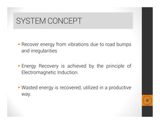SYSTEM CONCEPT
 Recover energy from vibrations due to road bumps
and irregularities
 Energy Recovery is achieved by the principle of
Electromagnetic Induction.
 Wasted energy is recovered, utilized in a productive
way.
 