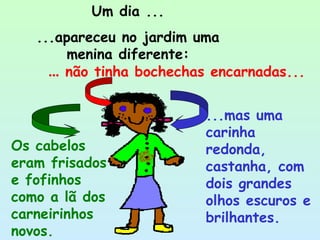 Um dia ...
...apareceu no jardim uma
menina diferente:
...mas uma
carinha
redonda,
castanha, com
dois grandes
olhos escuros e
brilhantes.
... não tinha bochechas encarnadas...
Os cabelos
eram frisados
e fofinhos
como a lã dos
carneirinhos
novos.
 