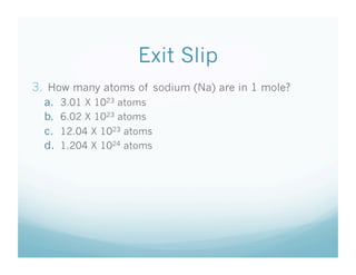 Exit Slip
3.  How many atoms of sodium (Na) are in 1 mole?
  a.    3.01 X 1023 atoms
  b.    6.02 X 1023 atoms
  c.    12.04 X 1023 atoms
  d.    1.204 X 1024 atoms
 