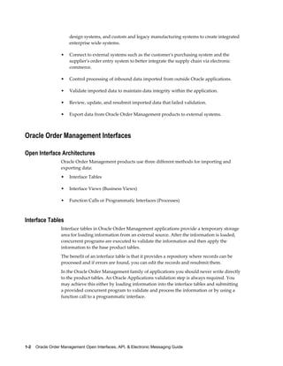design systems, and custom and legacy manufacturing systems to create integrated
                      enterprise wide systems.

                  •   Connect to external systems such as the customer's purchasing system and the
                      supplier's order entry system to better integrate the supply chain via electronic
                      commerce.

                  •   Control processing of inbound data imported from outside Oracle applications.

                  •   Validate imported data to maintain data integrity within the application.

                  •   Review, update, and resubmit imported data that failed validation.

                  •   Export data from Oracle Order Management products to external systems.



Oracle Order Management Interfaces

Open Interface Architectures
                  Oracle Order Management products use three different methods for importing and
                  exporting data:
                  •   Interface Tables

                  •   Interface Views (Business Views)

                  •   Function Calls or Programmatic Interfaces (Processes)



Interface Tables
                  Interface tables in Oracle Order Management applications provide a temporary storage
                  area for loading information from an external source. After the information is loaded,
                  concurrent programs are executed to validate the information and then apply the
                  information to the base product tables.
                  The benefit of an interface table is that it provides a repository where records can be
                  processed and if errors are found, you can edit the records and resubmit them.
                  In the Oracle Order Management family of applications you should never write directly
                  to the product tables. An Oracle Applications validation step is always required. You
                  may achieve this either by loading information into the interface tables and submitting
                  a provided concurrent program to validate and process the information or by using a
                  function call to a programmatic interface.




1-2    Oracle Order Management Open Interfaces, API, & Electronic Messaging Guide
 