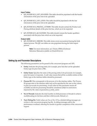 Input Tables
                  • QP_INTERFACE_LIST_HEADERS: This table should be populated with the header
                     information of the price lists to be uploaded.

                  •   QP_INTERFACE_LIST_LINES: This table should be populated with the line
                      information of the price lists to be uploaded.

                  •   QP_INTERFACE_PRICING_ATTRIBS: This table should contain the Product and
                      Pricing attribute details of the price list line, which are to be imported.

                  •   QP_INTERFACE_QUALIFIERS: This table should contain the header qualifiers
                      associated with the price lists which are to be imported.

                  Output table
                  • QP_INTERFACE_ERRORS: This table stores errors encountered during the bulk
                     import process. The QP core tables are also populated during the bulk import
                     process.

                               Note: For more information, see: Oracle eTRM (eTechnical
                               Reference Manual) available on OracleMetaLink.




Setting Up and Parameter Descriptions
                  The following parameters can be passed to the concurrent program and API:
                  •   Entity: Indicates the pricing entity (for example, price list) that can be uploaded.
                      Entity type for price lists is PRL.

                  •   Entity Name: Specifies the name of the pricing entity to be processed, for example,
                      price list name is Corporate. A null value means that all the available entities of that
                      Entity type in the interface tables should be processed.

                  •   Process ID: This corresponds to the process_id in the interface tables. The Process
                      ID groups data in the interface table and can be specified by the user as the criteria
                      to pick up records for processing. A null value for this parameter means all
                      available records for processing should be considered subject to restrictions
                      imposed by the value of parameter p_entity_name.

                  •   No of Threads: Indicates the total number of child processes or threads to achieve
                      multithreading for list lines and their child records. Default is 1.

                  •   Turn Debug On: Valid values are Yes or No. If Yes, detailed debug messages are
                      written to the concurrent program log file. As debug messages add to the
                      performance overhead, selecting No results in quicker completion of the concurrent
                      request.




2-264    Oracle Order Management Open Interfaces, API, & Electronic Messaging Guide
 