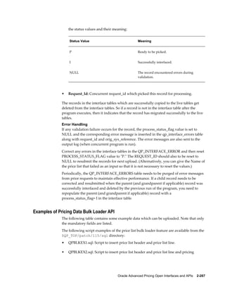 the status values and their meaning:


                  Status Value                                Meaning


                  P                                           Ready to be picked.


                  I                                           Successfully interfaced.


                  NULL                                        The record encountered errors during
                                                              validation.




              •   Request_Id: Concurrent request_id which picked this record for processing.

              The records in the interface tables which are successfully copied to the live tables get
              deleted from the interface tables. So if a record is not in the interface table after the
              program executes, then it indicates that the record has migrated successfully to the live
              tables.
              Error Handling
              If any validation failure occurs for the record, the process_status_flag value is set to
              NULL and the corresponding error message is inserted in the qp_interface_errors table
              along with request_id and orig_sys_reference. The error messages are also sent to the
              output log (when concurrent program is run).
              Correct any errors in the interface tables in the QP_INTERFACE_ERROR and then reset
              PROCESS_STATUS_FLAG value to "P." The REQUEST_ID should also to be reset to
              NULL to resubmit the records for next upload. (Alternatively, you can give the Name of
              the price list that failed as an input so that it is not necessary to reset the values.)
              Periodically, the QP_INTERFACE_ERRORS table needs to be purged of error messages
              from prior requests to maintain effective performance. If a child record needs to be
              corrected and resubmitted when the parent (and grandparent if applicable) record was
              successfully interfaced and deleted by the previous run of the program, you need to
              repopulate the parent (and grandparent if applicable) record with a
              process_status_flag= I in the interface table.


Examples of Pricing Data Bulk Loader API
              The following table contains some example data which can be uploaded. Note that only
              the mandatory fields are listed.
              The following script examples of the price list bulk loader feature are available from the
              $QP_TOP/patch/115/sql directory:
              •   QPBLKEX1.sql: Script to insert price list header and price list line.

              •   QPBLKEX2.sql: Script to insert price list header and price list line and pricing




                                                 Oracle Advanced Pricing Open Interfaces and APIs    2-267
 