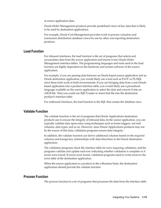 at source application data.
                Oracle Order Management products provide predefined views of key data that is likely
                to be used by destination applications.
                For example, Oracle Cost Management provides work in process valuation and
                transaction distribution database views for use by other cost reporting destination
                products.


Load Function
                For inbound interfaces, the load function is the set of programs that selects and
                accumulates data from the source application and inserts it into Oracle Order
                Management interface tables. The programming languages and tools used in the load
                function are highly dependent on the hardware and system software of the source
                application.
                For example, if you are passing data between an Oracle based source application and an
                Oracle destination application, you would likely use a tool such as Pro*C or PL/SQL
                since these tools work in both environments. If you are bringing data from a non-Oracle
                based application into a product interface table, you would likely use a procedural
                language available on the source application to select the data and convert it into an
                ASCII file. Then you could use SQL*Loader to insert that file into the destination
                product's interface table.
                For outbound interfaces, the load function is the SQL that creates the database view.


Validate Function
                The validate function is the set of programs that Oracle Applications destination
                products use to ensure the integrity of inbound data. In the source application, you can
                typically validate data upon entry using techniques such as forms triggers, not null
                columns, data types, and so on. However, since Oracle Applications products may not
                be the source of this data, validation programs ensure data integrity.
                In addition, the validate function can derive additional columns based on the required
                columns and foreign key relationships with data elsewhere in the Oracle destination
                application.
                The validation programs check the interface table for rows requiring validation, and the
                programs validate and update each row indicating whether validation is complete or if
                errors were found. If errors were found, validation programs need to write errors to the
                error table of the destination application.
                When the source application is a product in the e-Business Suite, the destination
                application should provide the validate function.


Process Function
                The process function is a set of programs that processes the data from the interface table




                                                                            Integrating Your Systems    1-15
 