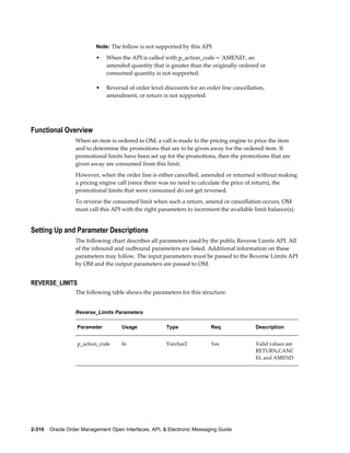 Note: The follow is not supported by this API:

                          •    When the API is called with p_action_code = 'AMEND', an
                               amended quantity that is greater than the originally ordered or
                               consumed quantity is not supported.

                          •    Reversal of order level discounts for an order line cancellation,
                               amendment, or return is not supported.




Functional Overview
                  When an item is ordered in OM, a call is made to the pricing engine to price the item
                  and to determine the promotions that are to be given away for the ordered item. If
                  promotional limits have been set up for the promotions, then the promotions that are
                  given away are consumed from this limit.
                  However, when the order line is either cancelled, amended or returned without making
                  a pricing engine call (since there was no need to calculate the price of return), the
                  promotional limits that were consumed do not get reversed.
                  To reverse the consumed limit when such a return, amend or cancellation occurs, OM
                  must call this API with the right parameters to increment the available limit balance(s).


Setting Up and Parameter Descriptions
                  The following chart describes all parameters used by the public Reverse Limits API. All
                  of the inbound and outbound parameters are listed. Additional information on these
                  parameters may follow. The input parameters must be passed to the Reverse Limits API
                  by OM and the output parameters are passed to OM.


REVERSE_LIMITS
                  The following table shows the parameters for this structure:


                  Reverse_Limits Parameters

                   Parameter         Usage             Type               Req               Description


                   p_action_code     In                Varchar2           Yes               Valid values are
                                                                                            RETURN,CANC
                                                                                            EL and AMEND




2-316    Oracle Order Management Open Interfaces, API, & Electronic Messaging Guide
 