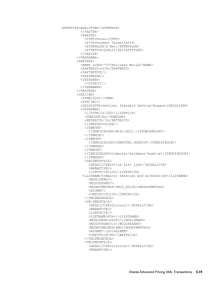 <ATTRTYPE>QUALIFIER</ATTRTYPE>
          </PBATTR>
          <PBATTR>
            <CTXT>Terms</CTXT>
            <ATTR>Payment Terms</ATTR>
            <ATTRVALUE>2 Net</ATTRVALUE>
            <ATTRTYPE>QUALIFIER</ATTRTYPE>
          </PBATTR>
        </USERAREA>
        <PARTNER>
          <NAME index="1">Business World</NAME>
          <PARTNRID>4429</PARTNRID>
          <PARTNRTYPE/>
          <PARTNRIDX/>
          <USERAREA>
            <CUSTACCT/>
          </USERAREA>
        </PARTNER>
        <CATITEM>
          <ITEM>2155</ITEM>
          <SYNCIND/>
          <DESCRIPTN>Sentinel Standard Desktop-Rugged</DESCRIPTN>
          <USERAREA>
            <LISTPRICE>100</LISTPRICE>
            <UOMCODE>Ea</UOMCODE>
            <NETPRICE>75</NETPRICE>
            <LINESTATUSCODE/>
            <ITEMCAT>
              <ITEMCATEGORY>MISC.MISC.</ITEMCATEGORY>
            </ITEMCAT>
            <ITEMCAT>
              <ITEMCATEGORY>COMPUTER.DESKTOP</ITEMCATEGORY>
            </ITEMCAT>
            <ITEMCAT>
            <ITEMCATEGORY>Computer/Hardware/Desktop</ITEMCATEGORY>
            </ITEMCAT>
            <PBLINEDETAIL>
              <DETAILTYPE>Price List Line</DETAILTYPE>
              <BREAKTYPE/>
              <LISTPRICE>100</LISTPRICE>
           <LISTNAME>Computer Desktops and Accessories</LISTNAME>
              <MODLINENO/>
              <MODOPERAND/>
              <MODAPPMETHOD>UNIT_PRICE</MODAPPMETHOD>
              <ADJAMT/>
              <CNETPRICE>100</CNETPRICE>
            </PBLINEDETAIL>
            <PBLINEDETAIL>
              <DETAILTYPE>Discount</DETAILTYPE>
              <BREAKTYPE/>
              <LISTPRICE/>
              <LISTNAME>F06-1</LISTNAME>
              <MODLINENO>609637</MODLINENO>
              <MODOPERAND>10</MODOPERAND>
              <MODAPPMETHOD>AMT</MODAPPMETHOD>
              <ADJAMT>-10</ADJAMT>
              <CNETPRICE>90</CNETPRICE>
            </PBLINEDETAIL>
            <PBLINEDETAIL>
              <DETAILTYPE>Discount</DETAILTYPE>
              <BREAKTYPE/>




                                  Oracle Advanced Pricing XML Transactions    3-31
 