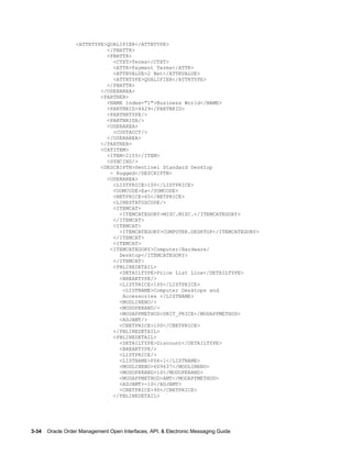 <ATTRTYPE>QUALIFIER</ATTRTYPE>
                            </PBATTR>
                            <PBATTR>
                              <CTXT>Terms</CTXT>
                              <ATTR>Payment Terms</ATTR>
                              <ATTRVALUE>2 Net</ATTRVALUE>
                              <ATTRTYPE>QUALIFIER</ATTRTYPE>
                            </PBATTR>
                          </USERAREA>
                          <PARTNER>
                            <NAME index="1">Business World</NAME>
                            <PARTNRID>4429</PARTNRID>
                            <PARTNRTYPE/>
                            <PARTNRIDX/>
                            <USERAREA>
                              <CUSTACCT/>
                            </USERAREA>
                          </PARTNER>
                          <CATITEM>
                            <ITEM>2155</ITEM>
                            <SYNCIND/>
                          <DESCRIPTN>Sentinel Standard Desktop
                             - Rugged</DESCRIPTN>
                            <USERAREA>
                              <LISTPRICE>100</LISTPRICE>
                              <UOMCODE>Ea</UOMCODE>
                              <NETPRICE>65</NETPRICE>
                              <LINESTATUSCODE/>
                              <ITEMCAT>
                                <ITEMCATEGORY>MISC.MISC.</ITEMCATEGORY>
                              </ITEMCAT>
                              <ITEMCAT>
                                <ITEMCATEGORY>COMPUTER.DESKTOP</ITEMCATEGORY>
                              </ITEMCAT>
                              <ITEMCAT>
                             <ITEMCATEGORY>Computer/Hardware/
                                Desktop</ITEMCATEGORY>
                              </ITEMCAT>
                              <PBLINEDETAIL>
                                <DETAILTYPE>Price List Line</DETAILTYPE>
                                <BREAKTYPE/>
                                <LISTPRICE>100</LISTPRICE>
                                 <LISTNAME>Computer Desktops and
                                 Accessories </LISTNAME>
                                <MODLINENO/>
                                <MODOPERAND/>
                                <MODAPPMETHOD>UNIT_PRICE</MODAPPMETHOD>
                                <ADJAMT/>
                                <CNETPRICE>100</CNETPRICE>
                              </PBLINEDETAIL>
                              <PBLINEDETAIL>
                                <DETAILTYPE>Discount</DETAILTYPE>
                                <BREAKTYPE/>
                                <LISTPRICE/>
                                <LISTNAME>F06-1</LISTNAME>
                                <MODLINENO>609637</MODLINENO>
                                <MODOPERAND>10</MODOPERAND>
                                <MODAPPMETHOD>AMT</MODAPPMETHOD>
                                <ADJAMT>-10</ADJAMT>
                                <CNETPRICE>90</CNETPRICE>
                              </PBLINEDETAIL>




3-34    Oracle Order Management Open Interfaces, API, & Electronic Messaging Guide
 