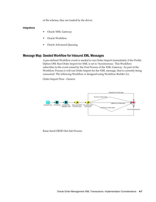 of the schema, they are loaded by the driver.

Integrations
               •   Oracle XML Gateway

               •   Oracle Workflow

               •   Oracle Advanced Queuing



Message Map: Seeded Workflow for Inbound XML Messages
               A pre-defined Workflow event is seeded to run Order Import immediately if the Profile
               Option OM: Run Order Import for XML is set to 'Synchronous.' This Workflow
               subscribes to the event raised by the Post Process of the XML Gateway. As part of the
               Workflow Process it will run Order Import for the XML message, that is currently being
               consumed. The following Workflow is designed using Workflow Builder 2.6.
               Order Import Flow - Generic




               Raise Send CBOD Out Sub Process




                           Oracle Order Management XML Transactions: Implementation Considerations    4-7
 