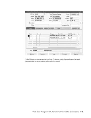 Order Management receives the Purchase Order electronically as a Process PO XML
document and a corresponding sales order is created.




          Oracle Order Management XML Transactions: Implementation Considerations    4-79
 