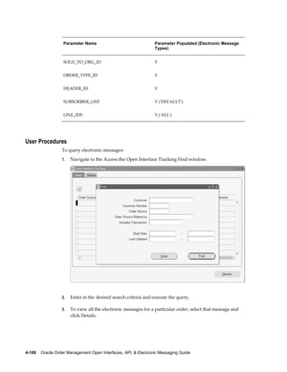 Parameter Name                                Parameter Populated (Electronic Message
                                                                 Types)


                   SOLD_TO_ORG_ID                                Y


                   ORDER_TYPE_ID                                 Y


                   HEADER_ID                                     Y


                   SUBSCRIBER_LIST                               Y ('DEFAULT')


                   LINE_IDS                                      Y ('ALL')




User Procedures
                  To query electronic messages:
                  1.   Navigate to the Access the Open Interface Tracking Find window.




                  2.   Enter in the desired search criteria and execute the query.

                  3.   To view all the electronic messages for a particular order, select that message and
                       click Details.




4-100    Oracle Order Management Open Interfaces, API, & Electronic Messaging Guide
 