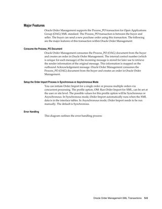 Major Features
                  Oracle Order Management supports the Process_PO transaction for Open Applications
                  Group (OAG) XML standard. The Process_PO transaction is between the buyer and
                  seller. The buyer can send a new purchase order using this transaction. The following
                  are the major features of this transaction within Oracle Order Management:

Consume the Process_PO Document
                  Oracle Order Management consumes the Process_PO (OAG) document from the buyer
                  and creates an order in Oracle Order Management. The internal control number (which
                  is unique for each message) of the incoming message is stored for later use to retrieve
                  the sender information of the original message. This information is mapped on the
                  outbound Acknowledgement message. Oracle Order Management consumes the
                  Process_PO (OAG) document from the buyer and creates an order in Oracle Order
                  Management.

Setup the Order Import Process in Synchronous or Asynchronous Mode
                  You can initiate Order Import for a single order or process multiple orders via
                  concurrent processing. The profile option, OM: Run Order Import for XML, can be set at
                  the user or site level. The possible values for this profile option will be Synchronous or
                  Asynchronous. In Synchronous mode, Order Import automatically runs when the XML
                  data is in the interface tables. In Asynchronous mode, Order Import needs to be run
                  manually. The default is Synchronous.

Error Handling
                  This diagram outlines the error handling process:




                                                             Oracle Order Management XML Transactions    5-5
 