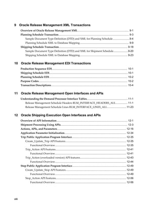 9      Oracle Release Management XML Transactions
       Overview of Oracle Release Management XML...................................................................... 9-1
       Planning Schedule Transaction................................................................................................ 9-3
            Sample Document Type Definition (DTD) and XML for Planning Schedule.......................9-4
            Planning Schedule XML to Database Mapping................................................................... 9-9
       Shipping Schedule Transaction.............................................................................................. 9-18
            Sample Document Type Definition (DTD) and XML for Shipment Schedule....................9-20
            Shipping Schedule XML to Database Mapping................................................................. 9-23


10      Oracle Release Management EDI Transactions
       Production Sequence EDI....................................................................................................... 10-1
       Shipping Schedule EDI........................................................................................................... 10-1
       Planning Schedule EDI........................................................................................................... 10-2
       Purpose Codes......................................................................................................................... 10-2
       Transaction Descriptions........................................................................................................ 10-4


11      Oracle Release Management Open Interfaces and APIs
       Understanding the Demand Processor Interface Tables........................................................ 11-1
            Release Management Schedule Headers RLM_INTERFACE_HEADERS_ALL................ 11-1
            Release Management Schedule Lines RLM_INTERFACE_LINES_ALL.......................... 11-23


12      Oracle Shipping Execution Open Interfaces and APIs
       Overview of API Information................................................................................................. 12-1
       Shipment Processing Using APIs........................................................................................... 12-3
       Actions, APIs, and Parameters.............................................................................................. 12-16
       Application Parameter Initialization.................................................................................... 12-34
       Trip Public Application Program Interface.......................................................................... 12-35
            Create_Update_Trip API Features................................................................................... 12-35
                  Functional Overview................................................................................................. 12-35
            Trip_Action API Features................................................................................................ 12-41
                  Functional Overview................................................................................................. 12-41
            Trip_Action (overloaded version) API features............................................................... 12-43
                  Functional Overview................................................................................................. 12-44
       Stop Public Application Program Interface.......................................................................... 12-49
            Create_Update_Stop API Features...................................................................................12-49
                  Functional Overview................................................................................................. 12-49
            Stop_Action API Features................................................................................................ 12-56
                  Functional Overview................................................................................................. 12-56




viii
 