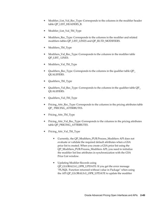 •   Modifier_List_Val_Rec_Type: Corresponds to the columns in the modifier header
    table QP_LIST_HEADERS_B.

•   Modifier_List_Val_Tbl_Type

•   Modifiers_Rec_Type: Corresponds to the columns in the modifier and related
    modifiers tables QP_LIST_LINES and QP_RLTD_MODIFIERS.

•   Modifiers_Tbl_Type

•   Modifiers_Val_Rec_Type: Corresponds to the columns in the modifier table
    QP_LIST_ LINES.

•   Modifiers_Val_Tbl_Type

•   Qualifiers_Rec_Type: Corresponds to the columns in the qualifier table QP_
    QUALIFIERS.

•   Qualifiers_Tbl_Type

•   Qualifiers_Val_Rec_Type: Corresponds to the columns in the qualifier table QP_
    QUALIFIERS.

•   Qualifiers_Val_Tbl_Type

•   Pricing_Attr_Rec_Type: Corresponds to the columns in the pricing attributes table
    QP_ PRICING_ATTRIBUTES.

•   Pricing_Attr_Tbl_Type

•   Pricing_Attr_Val_Rec_Type: Corresponds to the columns in the pricing attributes
    table QP_PRICING_ATTRIBUTES.

•   Pricing_Attr_Val_Tbl_Type

        •   Currently, the QP_Modifiers_PUB.Process_Modifiers API does not
            evaluate or validate the required default attributes when a GSA
            price list is created. When you create a GSA price list using the
            QP_Modifiers_PUB.Process_Modifiers API, you need to initialize
            the modifier list line attributes in synchronization with the GSA
            Price List window.

        •   Updating Modifier Records using
            QP_GLOBALS.G_OPR_UPDATE: If you get the error message
            "PL/SQL: Function returned without value in Package" when using
            the API QP_GLOBALS.G_OPR_UPDATE to update the modifier




                                   Oracle Advanced Pricing Open Interfaces and APIs    2-49
 