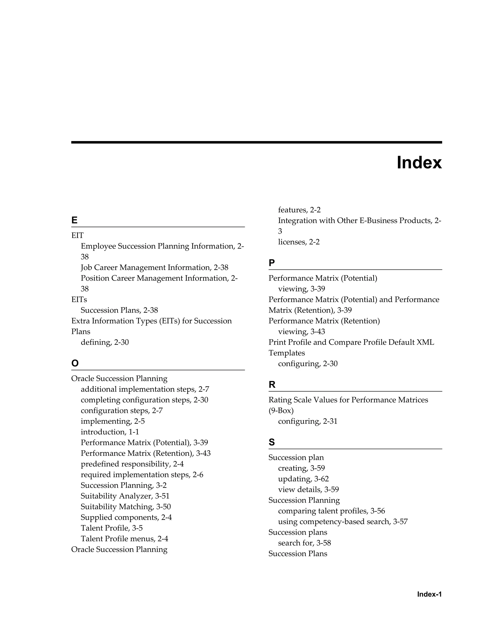 Index-1
 
Index
E
EIT
Employee Succession Planning Information, 2-
38
Job Career Management Information, 2-38
Position Career Management Information, 2-
38
EITs
Succession Plans, 2-38
Extra Information Types (EITs) for Succession
Plans
defining, 2-30
O
Oracle Succession Planning
additional implementation steps, 2-7
completing configuration steps, 2-30
configuration steps, 2-7
implementing, 2-5
introduction, 1-1
Performance Matrix (Potential), 3-39
Performance Matrix (Retention), 3-43
predefined responsibility, 2-4
required implementation steps, 2-6
Succession Planning, 3-2
Suitability Analyzer, 3-51
Suitability Matching, 3-50
Supplied components, 2-4
Talent Profile, 3-5
Talent Profile menus, 2-4
Oracle Succession Planning
features, 2-2
Integration with Other E-Business Products, 2-
3
licenses, 2-2
P
Performance Matrix (Potential)
viewing, 3-39
Performance Matrix (Potential) and Performance
Matrix (Retention), 3-39
Performance Matrix (Retention)
viewing, 3-43
Print Profile and Compare Profile Default XML
Templates
configuring, 2-30
R
Rating Scale Values for Performance Matrices
(9-Box)
configuring, 2-31
S
Succession plan
creating, 3-59
updating, 3-62
view details, 3-59
Succession Planning
comparing talent profiles, 3-56
using competency-based search, 3-57
Succession plans
search for, 3-58
Succession Plans
 