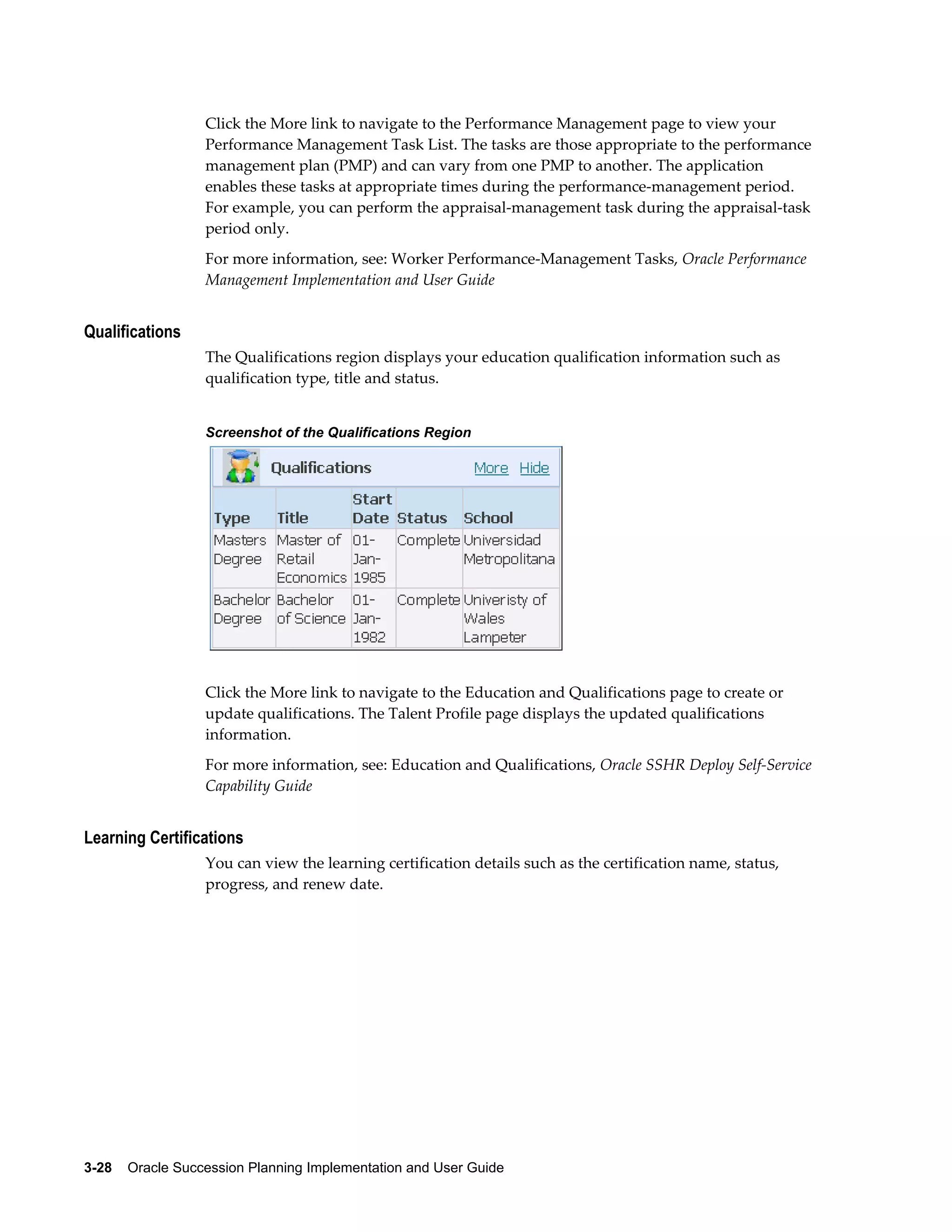 3-28    Oracle Succession Planning Implementation and User Guide
Click the More link to navigate to the Performance Management page to view your
Performance Management Task List. The tasks are those appropriate to the performance
management plan (PMP) and can vary from one PMP to another. The application
enables these tasks at appropriate times during the performance-management period.
For example, you can perform the appraisal-management task during the appraisal-task
period only.
For more information, see: Worker Performance-Management Tasks, Oracle Performance
Management Implementation and User Guide
Qualifications
The Qualifications region displays your education qualification information such as
qualification type, title and status.
Screenshot of the Qualifications Region
Click the More link to navigate to the Education and Qualifications page to create or
update qualifications. The Talent Profile page displays the updated qualifications
information.
For more information, see: Education and Qualifications, Oracle SSHR Deploy Self-Service
Capability Guide
Learning Certifications
You can view the learning certification details such as the certification name, status,
progress, and renew date.
 