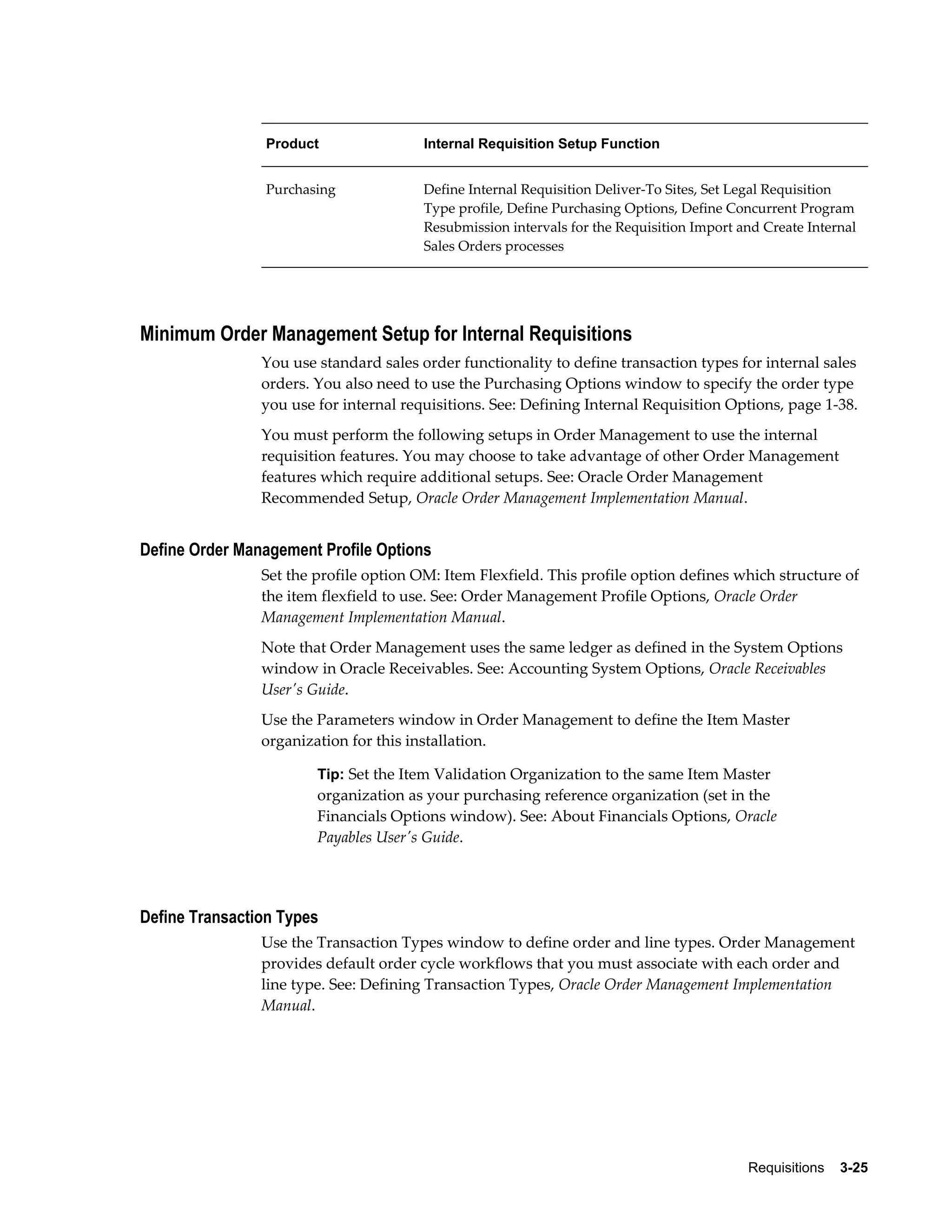 Product                 Internal Requisition Setup Function


                Purchasing              Define Internal Requisition Deliver-To Sites, Set Legal Requisition
                                        Type profile, Define Purchasing Options, Define Concurrent Program
                                        Resubmission intervals for the Requisition Import and Create Internal
                                        Sales Orders processes




Minimum Order Management Setup for Internal Requisitions
                You use standard sales order functionality to define transaction types for internal sales
                orders. You also need to use the Purchasing Options window to specify the order type
                you use for internal requisitions. See: Defining Internal Requisition Options, page 1-38.
                You must perform the following setups in Order Management to use the internal
                requisition features. You may choose to take advantage of other Order Management
                features which require additional setups. See: Oracle Order Management
                Recommended Setup, Oracle Order Management Implementation Manual.


Define Order Management Profile Options
                Set the profile option OM: Item Flexfield. This profile option defines which structure of
                the item flexfield to use. See: Order Management Profile Options, Oracle Order
                Management Implementation Manual.
                Note that Order Management uses the same ledger as defined in the System Options
                window in Oracle Receivables. See: Accounting System Options, Oracle Receivables
                User's Guide.
                Use the Parameters window in Order Management to define the Item Master
                organization for this installation.

                        Tip: Set the Item Validation Organization to the same Item Master
                        organization as your purchasing reference organization (set in the
                        Financials Options window). See: About Financials Options, Oracle
                        Payables User's Guide.




Define Transaction Types
                Use the Transaction Types window to define order and line types. Order Management
                provides default order cycle workflows that you must associate with each order and
                line type. See: Defining Transaction Types, Oracle Order Management Implementation
                Manual.




                                                                                           Requisitions    3-25
 
