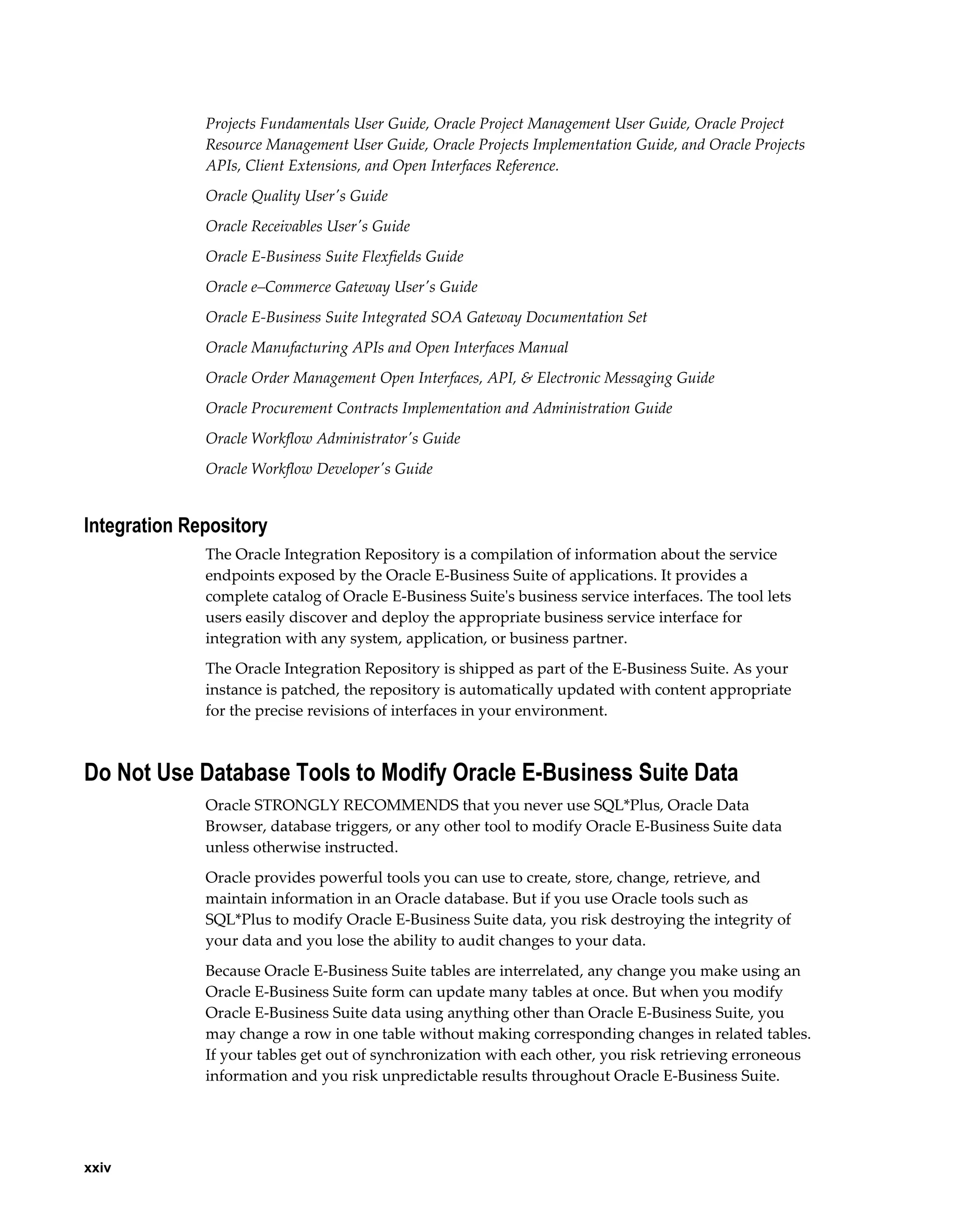 Projects Fundamentals User Guide, Oracle Project Management User Guide, Oracle Project
              Resource Management User Guide, Oracle Projects Implementation Guide, and Oracle Projects
              APIs, Client Extensions, and Open Interfaces Reference.
              Oracle Quality User's Guide
              Oracle Receivables User's Guide
              Oracle E-Business Suite Flexfields Guide
              Oracle e–Commerce Gateway User's Guide
              Oracle E-Business Suite Integrated SOA Gateway Documentation Set
              Oracle Manufacturing APIs and Open Interfaces Manual
              Oracle Order Management Open Interfaces, API, & Electronic Messaging Guide
              Oracle Procurement Contracts Implementation and Administration Guide
              Oracle Workflow Administrator's Guide
              Oracle Workflow Developer's Guide


Integration Repository
              The Oracle Integration Repository is a compilation of information about the service
              endpoints exposed by the Oracle E-Business Suite of applications. It provides a
              complete catalog of Oracle E-Business Suite's business service interfaces. The tool lets
              users easily discover and deploy the appropriate business service interface for
              integration with any system, application, or business partner.
              The Oracle Integration Repository is shipped as part of the E-Business Suite. As your
              instance is patched, the repository is automatically updated with content appropriate
              for the precise revisions of interfaces in your environment.



Do Not Use Database Tools to Modify Oracle E-Business Suite Data
              Oracle STRONGLY RECOMMENDS that you never use SQL*Plus, Oracle Data
              Browser, database triggers, or any other tool to modify Oracle E-Business Suite data
              unless otherwise instructed.
              Oracle provides powerful tools you can use to create, store, change, retrieve, and
              maintain information in an Oracle database. But if you use Oracle tools such as
              SQL*Plus to modify Oracle E-Business Suite data, you risk destroying the integrity of
              your data and you lose the ability to audit changes to your data.
              Because Oracle E-Business Suite tables are interrelated, any change you make using an
              Oracle E-Business Suite form can update many tables at once. But when you modify
              Oracle E-Business Suite data using anything other than Oracle E-Business Suite, you
              may change a row in one table without making corresponding changes in related tables.
              If your tables get out of synchronization with each other, you risk retrieving erroneous
              information and you risk unpredictable results throughout Oracle E-Business Suite.




xxiv
 