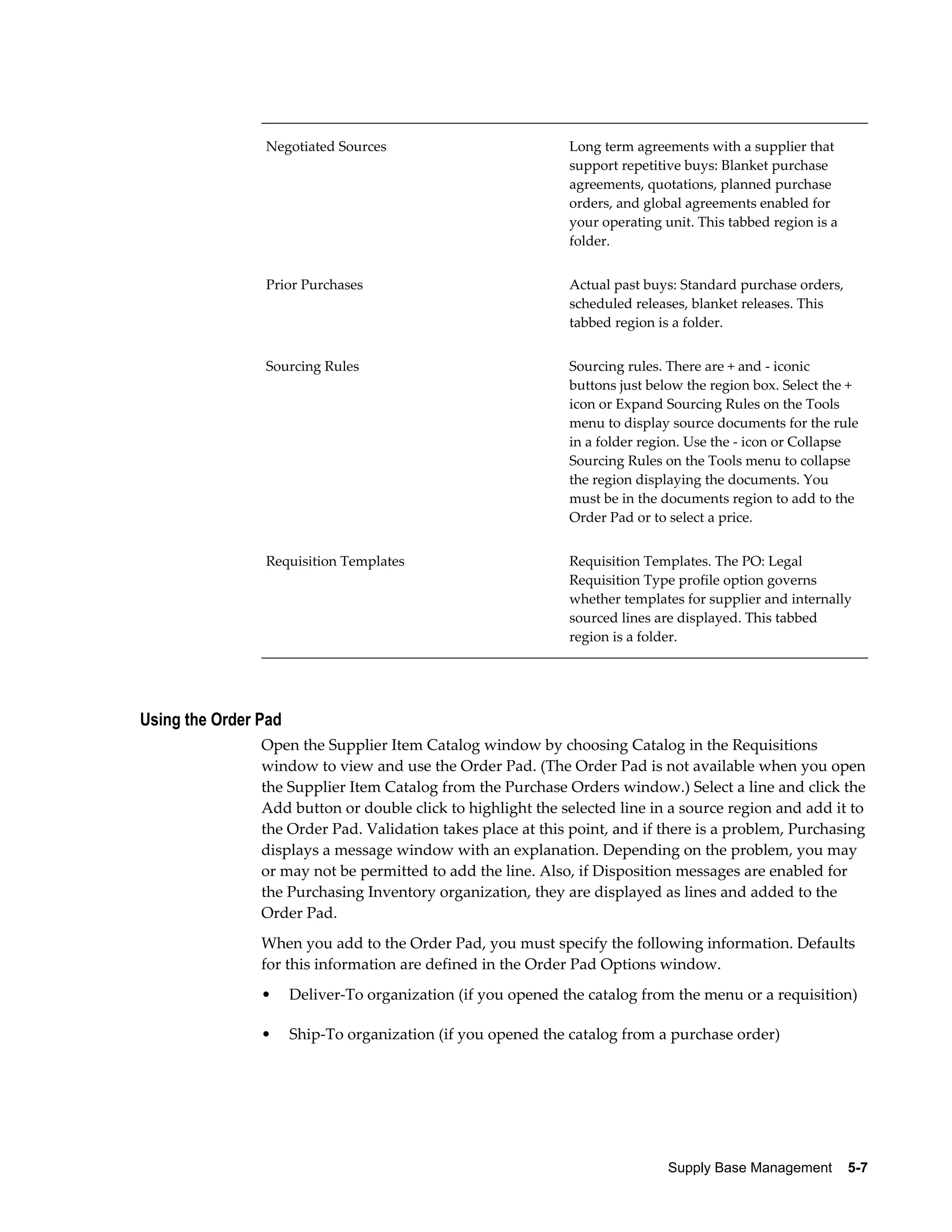 Negotiated Sources                            Long term agreements with a supplier that
                                                              support repetitive buys: Blanket purchase
                                                              agreements, quotations, planned purchase
                                                              orders, and global agreements enabled for
                                                              your operating unit. This tabbed region is a
                                                              folder.


                Prior Purchases                               Actual past buys: Standard purchase orders,
                                                              scheduled releases, blanket releases. This
                                                              tabbed region is a folder.


                Sourcing Rules                                Sourcing rules. There are + and - iconic
                                                              buttons just below the region box. Select the +
                                                              icon or Expand Sourcing Rules on the Tools
                                                              menu to display source documents for the rule
                                                              in a folder region. Use the - icon or Collapse
                                                              Sourcing Rules on the Tools menu to collapse
                                                              the region displaying the documents. You
                                                              must be in the documents region to add to the
                                                              Order Pad or to select a price.


                Requisition Templates                         Requisition Templates. The PO: Legal
                                                              Requisition Type profile option governs
                                                              whether templates for supplier and internally
                                                              sourced lines are displayed. This tabbed
                                                              region is a folder.




Using the Order Pad
                Open the Supplier Item Catalog window by choosing Catalog in the Requisitions
                window to view and use the Order Pad. (The Order Pad is not available when you open
                the Supplier Item Catalog from the Purchase Orders window.) Select a line and click the
                Add button or double click to highlight the selected line in a source region and add it to
                the Order Pad. Validation takes place at this point, and if there is a problem, Purchasing
                displays a message window with an explanation. Depending on the problem, you may
                or may not be permitted to add the line. Also, if Disposition messages are enabled for
                the Purchasing Inventory organization, they are displayed as lines and added to the
                Order Pad.
                When you add to the Order Pad, you must specify the following information. Defaults
                for this information are defined in the Order Pad Options window.
                •     Deliver-To organization (if you opened the catalog from the menu or a requisition)

                •     Ship-To organization (if you opened the catalog from a purchase order)




                                                                              Supply Base Management    5-7
 