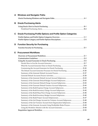 A   Windows and Navigator Paths
    Oracle Purchasing Windows and Navigator Paths.................................................................. A-1


B   Oracle Purchasing Alerts
    Using Oracle Alert in Oracle Purchasing................................................................................. B-1
         Predefined Purchasing Alerts.............................................................................................. B-2


C   Oracle Purchasing Profile Options and Profile Option Categories
    Profile Options and Profile Option Categories Overview...................................................... C-1
    Profile Option Category and Profile Options Descriptions.................................................... C-5


D   Function Security for Purchasing
    Function Security for Purchasing............................................................................................. D-1


E   Procurement Workflows
    Overview of Procurement Workflows......................................................................................E-1
    Customization Guidelines........................................................................................................ E-2
    Using the Account Generator in Oracle Purchasing................................................................ E-6
         Decide How to Use the Account Generator......................................................................... E-7
         What the Account Generator Does in Oracle Purchasing ................................................... E-9
         Customizing the Account Generator for Oracle Purchasing............................................. E-24
         The Default Account Generator Processes for Oracle Purchasing..................................... E-30
         Summary of the Generate Default Accounts Process........................................................ E-37
         Generate Default Accounts Process Activities................................................................... E-39
         Summary of the Generate Default Accrual Account Subprocess.......................................E-43
         Summary of the Generate Default Budget Account Subprocess........................................E-43
         Summary of the Generate Default Charge Account Subprocess....................................... E-44
         Summary of the Generate Default Variance Account Subprocess..................................... E-44
         Summary of the Build Expense Charge Account Subprocess............................................ E-45
         Summary of the Build Inventory Charge Account Subprocess......................................... E-45
         Summary of the Build Shop Floor Charge Account Subprocess........................................E-46
         Summary of the Build Inventory Budget Account Subprocess......................................... E-46
         Summary of the Build Project Account Subprocesses....................................................... E-47
         Summary of the Get Charge Account for Variance Account Subprocess.......................... E-48
         Summary of the Get Variance Account from Organization Subprocess............................ E-48
         Summary of the Generate Accounts Using FlexBuilder Rules Process..............................E-49
         Using the Workflow Monitor with the Account Generator............................................... E-49
    Requisition Approval Workflow............................................................................................ E-50




                                                                                                                                          xiii
 