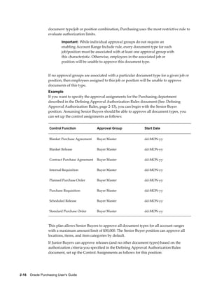 document type/job or position combination, Purchasing uses the most restrictive rule to
                  evaluate authorization limits.

                           Important: While individual approval groups do not require an
                           enabling Account Range Include rule, every document type for each
                           job/position must be associated with at least one approval group with
                           this characteristic. Otherwise, employees in the associated job or
                           position will be unable to approve this document type.


                  If no approval groups are associated with a particular document type for a given job or
                  position, then employees assigned to this job or position will be unable to approve
                  documents of this type.
                  Example
                  If you want to specify the approval assignments for the Purchasing department
                  described in the Defining Approval Authorization Rules document (See: Defining
                  Approval Authorization Rules, page 2-13), you can begin with the Senior Buyer
                  position. Assuming Senior Buyers should be able to approve all document types, you
                  can set up the control assignments as follows:


                   Control Function              Approval Group              Start Date


                   Blanket Purchase Agreement    Buyer Master                dd-MON-yy


                   Blanket Release               Buyer Master                dd-MON-yy


                   Contract Purchase Agreement   Buyer Master                dd-MON-yy


                   Internal Requisition          Buyer Master                dd-MON-yy


                   Planned Purchase Order        Buyer Master                dd-MON-yy


                   Purchase Requisition          Buyer Master                dd-MON-yy


                   Scheduled Release             Buyer Master                dd-MON-yy


                   Standard Purchase Order       Buyer Master                dd-MON-yy



                  This plan allows Senior Buyers to approve all document types for all account ranges
                  with a maximum amount limit of $50,000. The Senior Buyer position can approve all
                  locations, items, and item categories by default.
                  If Junior Buyers can approve releases (and no other document types) based on the
                  authorization criteria you specified in the Defining Approval Authorization Rules
                  document, set up the Control Assignments as follows for this position:




2-16    Oracle Purchasing User's Guide
 