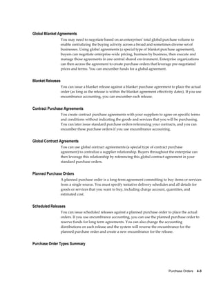 Global Blanket Agreements
                   You may need to negotiate based on an enterprises' total global purchase volume to
                   enable centralizing the buying activity across a broad and sometimes diverse set of
                   businesses. Using global agreements (a special type of blanket purchase agreement),
                   buyers can negotiate enterprise-wide pricing, business by business, then execute and
                   manage those agreements in one central shared environment. Enterprise organizations
                   can then access the agreement to create purchase orders that leverage pre-negotiated
                   prices and terms. You can encumber funds for a global agreement.


Blanket Releases
                   You can issue a blanket release against a blanket purchase agreement to place the actual
                   order (as long as the release is within the blanket agreement effectivity dates). If you use
                   encumbrance accounting, you can encumber each release.


Contract Purchase Agreements
                   You create contract purchase agreements with your suppliers to agree on specific terms
                   and conditions without indicating the goods and services that you will be purchasing.
                   You can later issue standard purchase orders referencing your contracts, and you can
                   encumber these purchase orders if you use encumbrance accounting.


Global Contract Agreements
                   You can use global contract agreeements (a special type of contract purchase
                   agreement) to centralize a supplier relationship. Buyers throughout the enterprise can
                   then leverage this relationship by referencing this global contract agreement in your
                   standard purchase orders.


Planned Purchase Orders
                   A planned purchase order is a long-term agreement committing to buy items or services
                   from a single source. You must specify tentative delivery schedules and all details for
                   goods or services that you want to buy, including charge account, quantities, and
                   estimated cost.


Scheduled Releases
                   You can issue scheduled releases against a planned purchase order to place the actual
                   orders. If you use encumbrance accounting, you can use the planned purchase order to
                   reserve funds for long term agreements. You can also change the accounting
                   distributions on each release and the system will reverse the encumbrance for the
                   planned purchase order and create a new encumbrance for the release.


Purchase Order Types Summary




                                                                                         Purchase Orders    4-3
 