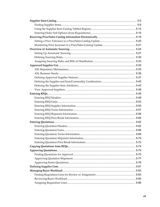 Supplier Item Catalog............................................................................................................... 5-5
     Finding Supplier Items........................................................................................................ 5-9
     Using the Supplier Item Catalog Tabbed Regions............................................................. 5-13
     Entering Order Pad Options (from Requisitions).............................................................. 5-16
Receiving Price/Sales Catalog Information Electronically.....................................................5-18
     Setting a Price Tolerance in a Price/Sales Catalog Update................................................. 5-20
     Monitoring Price Increases in a Price/Sales Catalog Update.............................................. 5-21
Overview of Automatic Sourcing........................................................................................... 5-24
     Setting Up Automatic Sourcing......................................................................................... 5-27
     Defining Sourcing Rules.................................................................................................... 5-30
     Assigning Sourcing Rules and Bills of Distribution........................................................... 5-33
Approved Supplier List........................................................................................................... 5-35
     ASL Repository Maintenance.............................................................................................5-35
     ASL Business Needs.......................................................................................................... 5-36
     Defining Approved Supplier Statuses............................................................................... 5-37
     Defining the Supplier and Item/Commodity Combination............................................... 5-40
     Defining the Supplier-Item Attributes............................................................................... 5-43
     View Approved Suppliers................................................................................................. 5-48
Entering RFQs......................................................................................................................... 5-49
     Entering RFQ Headers....................................................................................................... 5-49
     Entering RFQ Lines............................................................................................................ 5-53
     Entering RFQ Supplier Information................................................................................... 5-55
     Entering RFQ Terms Information...................................................................................... 5-57
     Entering RFQ Shipment Information................................................................................. 5-58
     Entering RFQ Price Break Information.............................................................................. 5-60
Entering Quotations................................................................................................................ 5-62
     Entering Quotation Headers.............................................................................................. 5-62
     Entering Quotation Lines................................................................................................... 5-66
     Entering Quotation Terms Information............................................................................. 5-69
     Entering Quotation Shipment Information........................................................................ 5-70
     Entering Quotation Price Break Information..................................................................... 5-72
Copying Quotations from RFQs............................................................................................. 5-74
Approving Quotations............................................................................................................ 5-75
     Finding Quotations for Approval...................................................................................... 5-75
     Approving Quotation Shipments.......................................................................................5-77
     Approving Entire Quotations............................................................................................ 5-79
Defining Supplier Lists........................................................................................................... 5-81
Managing Buyer Workload..................................................................................................... 5-83
     Finding Requisition Lines for Review or Assignment....................................................... 5-83
     Reviewing Buyer Workload............................................................................................... 5-85
     Assigning Requisition Lines.............................................................................................. 5-86




                                                                                                                                              vii
 