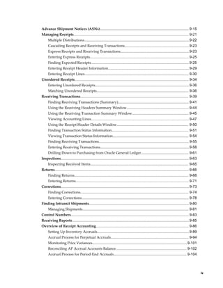 Advance Shipment Notices (ASNs)........................................................................................ 9-15
Managing Receipts.................................................................................................................. 9-21
      Multiple Distributions........................................................................................................9-22
      Cascading Receipts and Receiving Transactions................................................................9-23
      Express Receipts and Receiving Transactions.................................................................... 9-23
      Entering Express Receipts.................................................................................................. 9-25
      Finding Expected Receipts................................................................................................. 9-25
      Entering Receipt Header Information................................................................................ 9-29
      Entering Receipt Lines....................................................................................................... 9-30
Unordered Receipts................................................................................................................. 9-34
      Entering Unordered Receipts............................................................................................. 9-36
      Matching Unordered Receipts........................................................................................... 9-36
Receiving Transactions........................................................................................................... 9-39
      Finding Receiving Transactions (Summary)...................................................................... 9-41
      Using the Receiving Headers Summary Window..............................................................9-44
      Using the Receiving Transaction Summary Window........................................................ 9-45
      Viewing Accounting Lines................................................................................................. 9-47
      Using the Receipt Header Details Window....................................................................... 9-50
      Finding Transaction Status Information............................................................................ 9-51
      Viewing Transaction Status Information........................................................................... 9-54
      Finding Receiving Transactions......................................................................................... 9-55
      Entering Receiving Transactions........................................................................................ 9-58
      Drilling Down to Purchasing from Oracle General Ledger............................................... 9-61
Inspections............................................................................................................................... 9-63
      Inspecting Received Items................................................................................................. 9-65
Returns..................................................................................................................................... 9-66
      Finding Returns................................................................................................................. 9-68
      Entering Returns................................................................................................................ 9-71
Corrections............................................................................................................................... 9-73
      Finding Corrections........................................................................................................... 9-74
      Entering Corrections.......................................................................................................... 9-78
Finding Intransit Shipments................................................................................................... 9-80
      Managing Shipments......................................................................................................... 9-81
Control Numbers..................................................................................................................... 9-83
Receiving Reports.................................................................................................................... 9-85
Overview of Receipt Accounting............................................................................................ 9-86
      Setting Up Inventory Accruals........................................................................................... 9-89
      Accrual Process for Perpetual Accruals............................................................................. 9-94
      Monitoring Price Variances..............................................................................................9-101
      Reconciling AP Accrual Accounts Balance...................................................................... 9-102
      Accrual Process for Period-End Accruals........................................................................ 9-104




                                                                                                                                                        ix
 