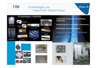 TIM   Technologie par                                     Pô l e I I
         Impu ls i on Magn é tiqu e

                            Substitution de procédés d’assemblage
                            traditionnel

                            Amélioration des assemblages traditionnels

                            Redéfinition de produit proposé
                            ·
                            Réalisation de prototypes démonstrateurs

                            Etude technico-économique
 