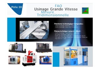 Pô l e I I I              FAO
               Usinage Grande Vitesse
                   Mesure
                Tridimensionnelle

                         Plateforme technologique Composites :
                         - Cellule d’usinage robotisée 5 axes UGV
                         - Centre d’usinage 5 axes UGV Composites


                         Plateau technique Lamarck - Albert :
                         -   Centre d'usinage 4 axes horizontal palettisé
                         -   Un centre d'usinage 5 axes vertical
                         -   Centre de tournage multi-axes (bi-broches avec axe Y)
                         -    Un centre d'usinage 3 axes avec prédisposition 4éme axe
                         -   Tour CN 3 et 2 axes
 