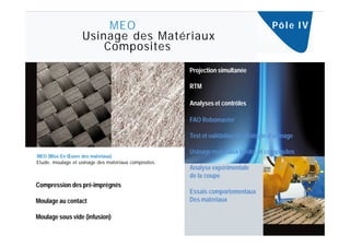 MEO                                                           Pô l e I V
                   Usinage des Matériaux
                       Composites
                                                      Projection simultanée

                                                      RTM

                                                      Analyses et contrôles

                                                      FAO Robomaster

                                                      Test et validation de stratégie d’usinage

                                                      Usinage matériaux tendre et composites
MEO (Mise En Œuvre des matériaux)
Etude, moulage et usinage des matériaux composites.
                                                      Analyse expérimentale
                                                      de la coupe
Compression des pré-imprégnés
                                                      Essais comportementaux
Moulage au contact                                    Des matériaux

Moulage sous vide (infusion)
 