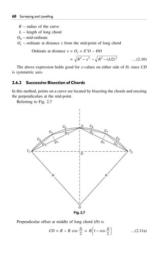 60 Surveying and Levelling
R – radius of the curve
L – length of long chord
O0 – mid-ordinate
Ox – ordinate at distance x from the mid-point of long chord
Ordinate at distance x = Ox = E¢O – DO
= R x R L2 2 2 2
2- - - ( / ) …(2.10)
The above expression holds good for x-values on either side of D, since CD
is symmetric axis.
2.6.2 Successive Bisection of Chords
In this method, points on a curve are located by bisecting the chords and erecting
the perpendiculars at the mid-point.
Referring to Fig. 2.7
T1 T2
C2
C1
C2
C2
C1
C2
D 1 D1
D
O
C
R R
D 2
D 2 D2
D2
Fig. 2.7
Perpendicular offset at middle of long chord (D) is
CD = R – R cos
D
2
= R 1
2
-FH IKcos
D
…(2.11a)
 