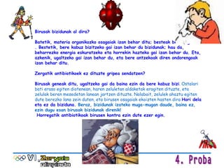 Birusak bizidunak al dira?  Batetik, materia organikozko osagaiak izan behar ditu; besteak beste, geneak . Bestetik, bere kabuz bizitzeko gai izan behar du bizidunak; hau da, beharrezko energia eskuratzeko eta horrekin hazteko gai izan behar du. Eta, azkenik, ugaltzeko gai izan behar du, eta bere antzekoak diren ondorengoak izan behar ditu. Zergatik antibiotikoek ez dituzte gripea sendatzen? Birusak geneak ditu, ugaltzeko gai da baina ezin da bere kabuz bizi .  Ostalari bati eraso egiten diotenean, haren zeluletan aldaketak eragiten dituzte, eta zelulak beren mesedetan lanean jartzen dituzte. Nolabait, zelulek ahaztu egiten dute berezko lana zein duten, eta birusen osagaiak ekoizten hasten dira   Hori dela eta ez da biziduna.  Beraz, bizidunak izateko muga-mugan daude, baina ez, ezin dugu esan birusak bizidunak direnik!   Horregatik antibiotikoak birusen kontra ezin dute ezer egin.   