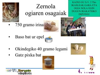 Zernola ogiaren osagaiak 750 gramo irina   Baso bat ur epel Okindegiko 40 gramo legami Gatz pixka bat KAIXO GU S.V. 2 Tko IKASLEAK GARA ETA OGIA NOLA EGIN DUGUN IRAKATSIKO DIZUEGU                                   