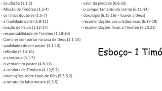 Esboço– 1 Timó
- Saudação (1.1-2)
- Missão de Timóteo (1.3-4)
- os falsos doutores (1.5-7)
- a finalidade da lei (1.8-11)
- oração de Paulo (1.12-17)
- responsabilidade de Timóteo (1.18-20)
- Como se comportar na casa de Deus (2.1-15)
- qualidades de um pastor (3.1-13)
- reflexão (3.14-16)
- a apostasia (4.1-5)
- o verdadeiro pastor (4.6-11)
- a conduta de Timóteo (4.12;5.2)
- orientações sobre tipos de fiéis (5.3;6.2)
- o retrato do falso mestre (6.3-5)
- valor da piedade (6.6-10)
- o comportamento do crente (6.11-14)
- doxologia (6.15,16) = louvor a Deus)
- recomendações aos cristãos ricos (6.17-19)
- recomendações finais a Timóteo (6.20,21)
 